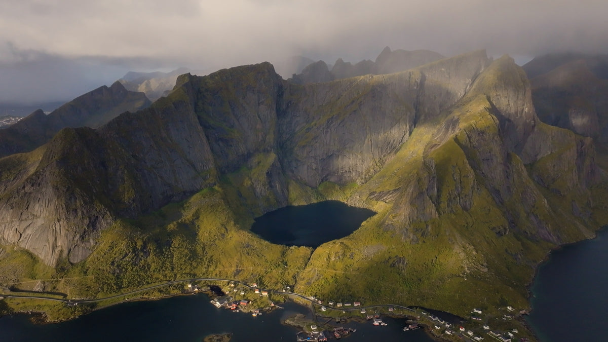 Graded frame: aerial of a mountain lake